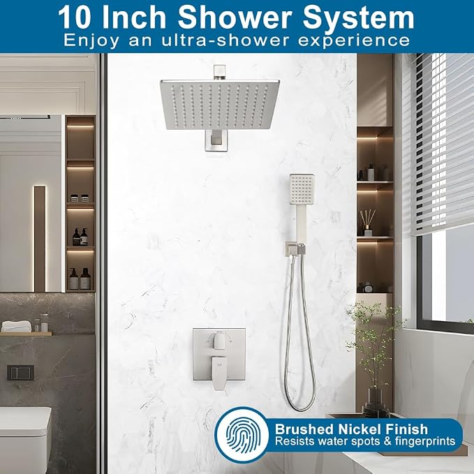 Shower Faucet Set Brushed Nickel Rainfall 10 Inch Shower Head and Handle Set Bathroom Rain Shower System Wall Mounted Shower Fixture Include Shower Valve and Trim Kit