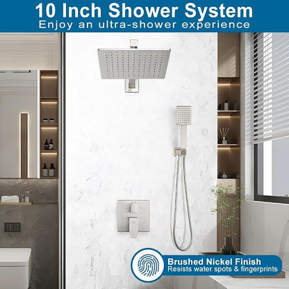 Shower Faucet Set Brushed Nickel Rainfall 10 Inch Shower Head and Handle Set Bathroom Rain Shower System Wall Mounted Shower Fixture Include Shower Valve and Trim Kit