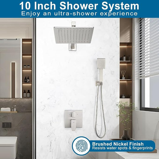Shower Faucet Set Brushed Nickel Rainfall 10 Inch Shower Head and Handle Set Bathroom Rain Shower System Wall Mounted Shower Fixture Include Shower Valve and Trim Kit