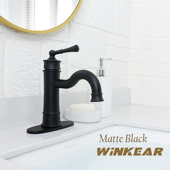 Roman Bathroom Sink Faucet Matte Black Single Hole Deck-Mount Pop-up Drain Assembly with Overflow Deck Plate and Water Supply Lines Included