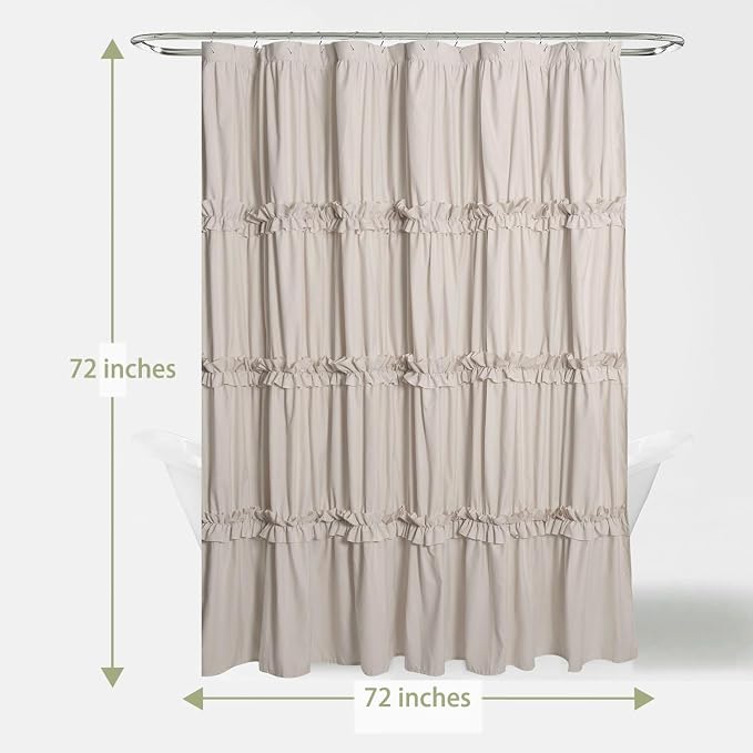 Farmhouse Ruffle Shower Curtain, Camel, 72 x 72 in | Decorative Elegant Bathroom Curtain with 12 Holes, Soft Ruched Microfiber Fabric, Vintage Handmade Design