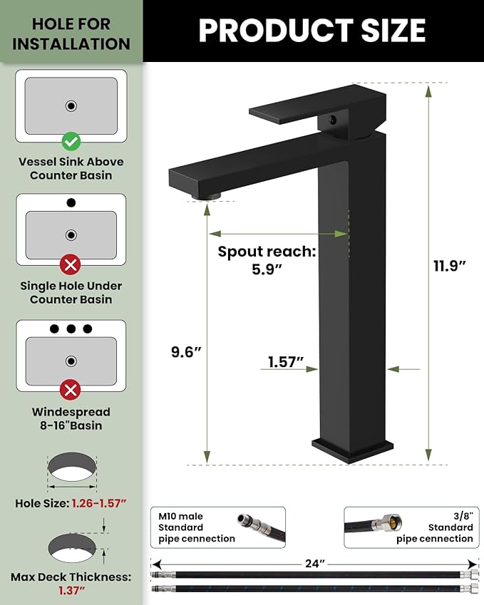 gotonovo Vessel Sink Faucet Single Handle Tall Bathroom Faucet One Hole Modern Lavatory Vanity Basin Mixer Tap Matching Supply Hoses and Pop up Drain Without Overflow, Matte Black
