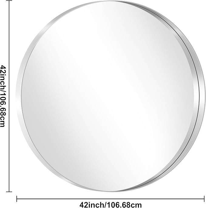 Silver Round Mirror 42 inch Deep Frame Circle Mirror, Metal Framed Bathroom Mirror, Round Vanity Mirror, Circle Mirrors for Wall Entryway Bedroom Living Room Hallway