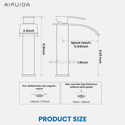 Airuida Tall Waterfall Spout Bathroom Faucet Matte Black&Chrome Polish Single Handle Vessel Sink Faucet One Hole Vanity Farmhouse Lavatory Washbasin Deck Mount Mixer Tap