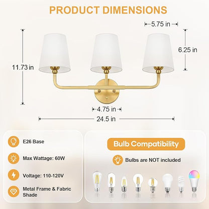 MOKATNG Bathroom Light Fixtures, 3-Light Brushed Gold Vanity Lights, Bathroom Lighting Fixtures Over Mirror with Flared White Fabric Shade, Modern Wall Sconces for Living Room Hallway