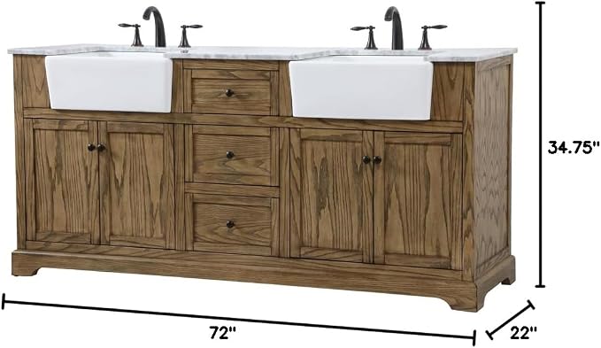 72" Pre-Assembled Bathroom Vanity with Sink, Solid Birch and MDF, Carrara White Marble Countertop Attached, Double Rectangle Porcelain Sink, 3 Soft-Close Drawers, Driftwood