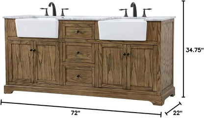 72" Pre-Assembled Bathroom Vanity with Sink, Solid Birch and MDF, Carrara White Marble Countertop Attached, Double Rectangle Porcelain Sink, 3 Soft-Close Drawers, Driftwood