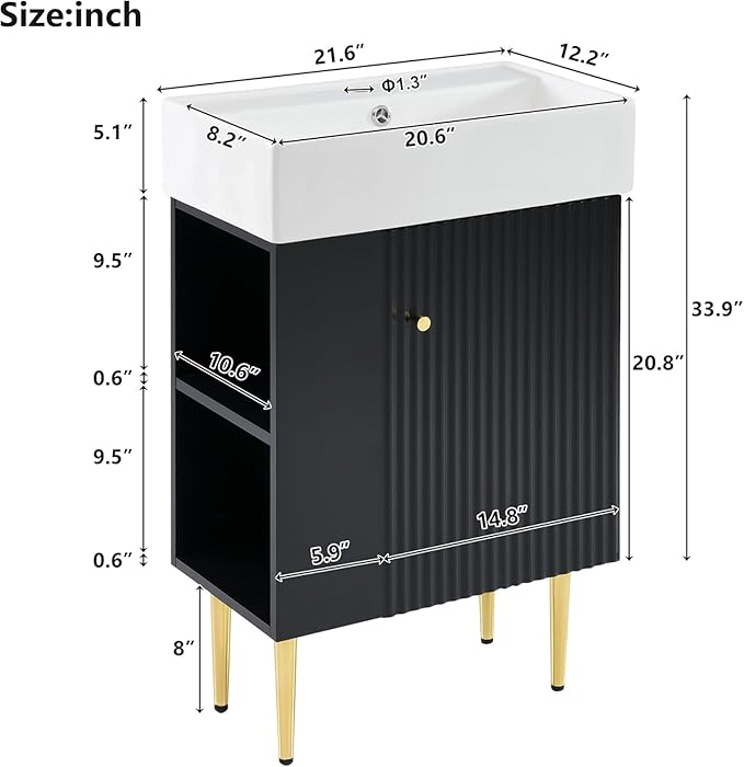 21.6 in Small Bathroom Vanity with Sink,Doors and Storage Shelves,Wood Modern Single Fluted Bathroom Sink Cabinet Freestanding (Black,Left Shelf)