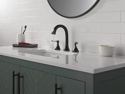 Delta Bonacci Matte Black Bathroom Faucet 3 Hole, 8 Inch Widespread Bathroom Sink Faucet for Vanity, Metal Push-Pop Drain Assembly, Matte Black 3545-BL-DST