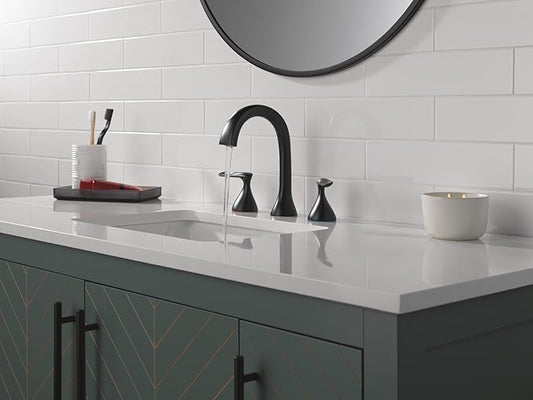Delta Bonacci Matte Black Bathroom Faucet 3 Hole, 8 Inch Widespread Bathroom Sink Faucet for Vanity, Metal Push-Pop Drain Assembly, Matte Black 3545-BL-DST
