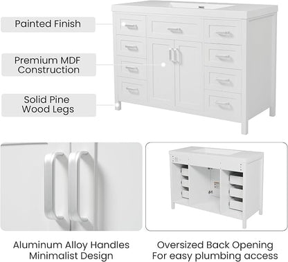 48" Bathroom Vanity with Resin Sink, Cabinet with Soft-Closing Drawers and Doors, Simple & Modern Style, Solid Wood Frame, White