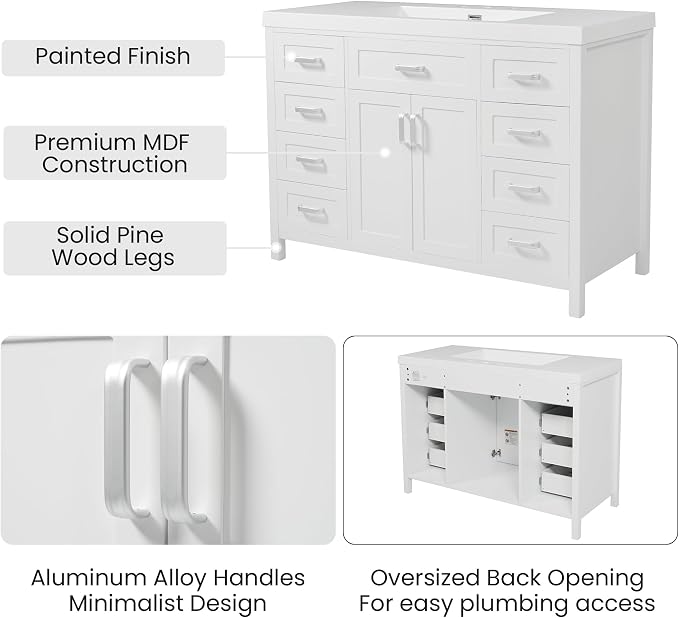 47" Bathroom Vanity Base Only, Cabinet with Soft-Closing Drawers and Doors, Simple & Modern Style, Solid Wood Frame, White