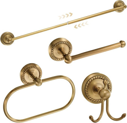4 Pcs Antique Brass Gold Bathroom Accessories Set Wall-Mounted Towel Rack & Towel Ring & Toilet Paper Holder & Robe Hook, Wall Mounted Brass Vintage Bath Hardware Fixture Set(Style 1)
