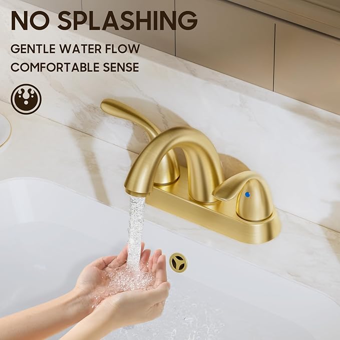 Phiestina Brushed Gold 4 Inch Centerset 2 or 3 Holes 2 Handle Bathroom Faucet, Bathroom Faucet with Copper Pop Up Drain and Water Supply Lines, BF008-5-BG