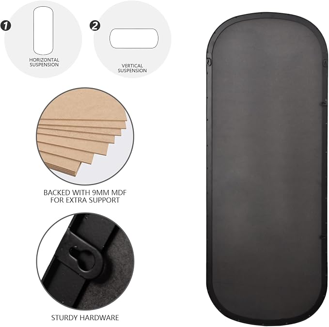Oval Full Length Mirror 18"x47" Long Black Pill Shaped Floor Mirror | Black Oblone Mirror Metal Frame Wall Mirror Decorative Rustic Full Body Mirror Hanging for Bathroom Bedroom Entryway