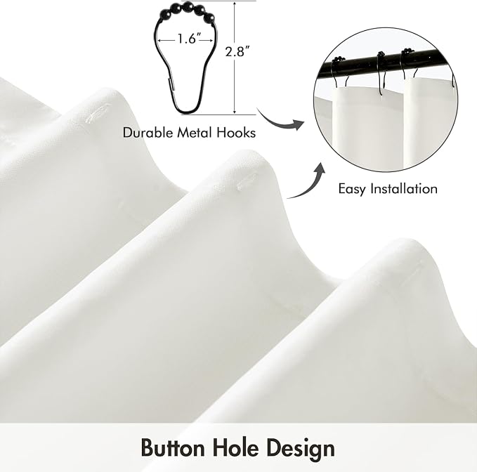 ANRODUO White Linen Textured Fabric Shower Curtain Set - W60xL72 | Farmhouse Shower Curtain with 10 Metal Hooks, Waterproof Heavy Duty, Button Hole Design, Machine Washable for Bathroom