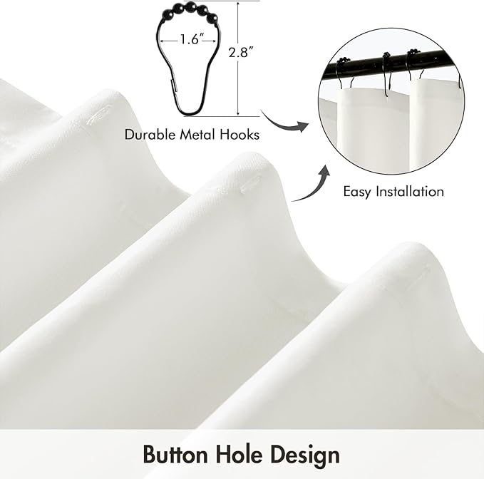 ANRODUO White Linen Textured Fabric Shower Curtain Set - W72xL84 | Farmhouse Shower Curtain with 12 Metal Hooks, Waterproof Heavy Duty, Button Hole Design, Machine Washable for Bathroom