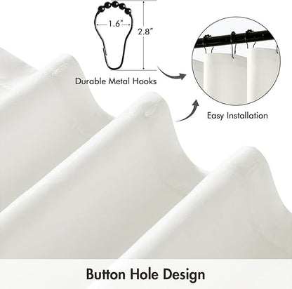 ANRODUO White Linen Textured Fabric Shower Curtain Set - W72xL84 | Farmhouse Shower Curtain with 12 Metal Hooks, Waterproof Heavy Duty, Button Hole Design, Machine Washable for Bathroom