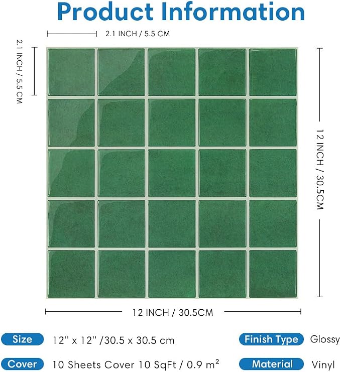 Thicker Peel and Stick 3D Backsplash Tiles Kitchen Bathroom | Green, 10 Pcs 12" x 12", Glossy Self Adhesive Decorative Vinyl Backsplash Wall Sticker, Cover 10 sq ft，Removable，Waterproof