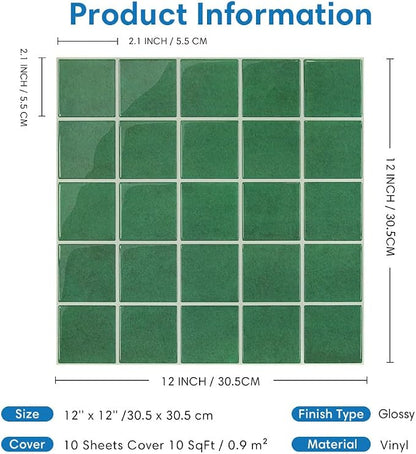 Thicker Peel and Stick 3D Backsplash Tiles Kitchen Bathroom | Green, 10 Pcs 12" x 12", Glossy Self Adhesive Decorative Vinyl Backsplash Wall Sticker, Cover 10 sq ft，Removable，Waterproof