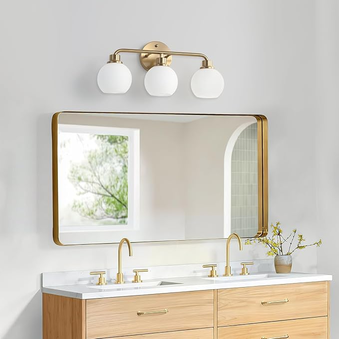 Bathroom Light Fixtures Gold Vanity Light 3 Light Brushed Brass | Wall Sconces Lighting with Milk Globe Glass Shades Bath Wall Lamp for Mirror Kitchen Living Room Bedroom Hallway