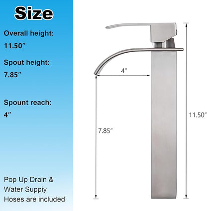 Tall Bathroom Vessel Sink Faucet, Brushed Nickel Tall Waterfall Single Handle 1 Hole Bathroom Vessel Sink, Bowl Wash Basin Lavatory Vanity Faucets with Pop-up Drain