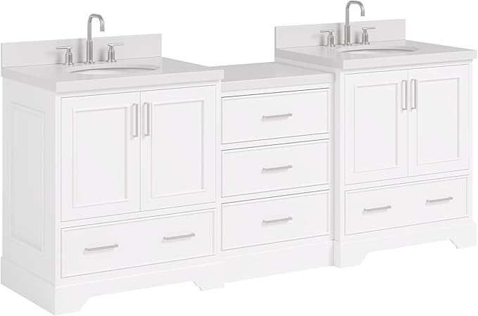 ARIEL Stafford 84-inch Bathroom Vanity with Sink,Solid Wood, 1.5in Pure White Quartz Countertop & Backsplash, Double Oval Porcelain Sink, 4 Soft Closing Doors, 5 Dovetail Drawers, White