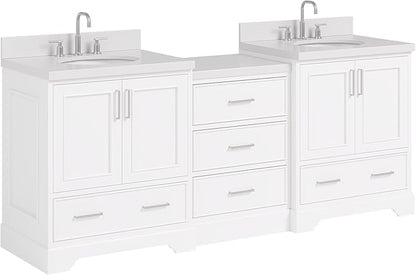 ARIEL Stafford 84-inch Bathroom Vanity with Sink,Solid Wood, 1.5in Pure White Quartz Countertop & Backsplash, Double Oval Porcelain Sink, 4 Soft Closing Doors, 5 Dovetail Drawers, White