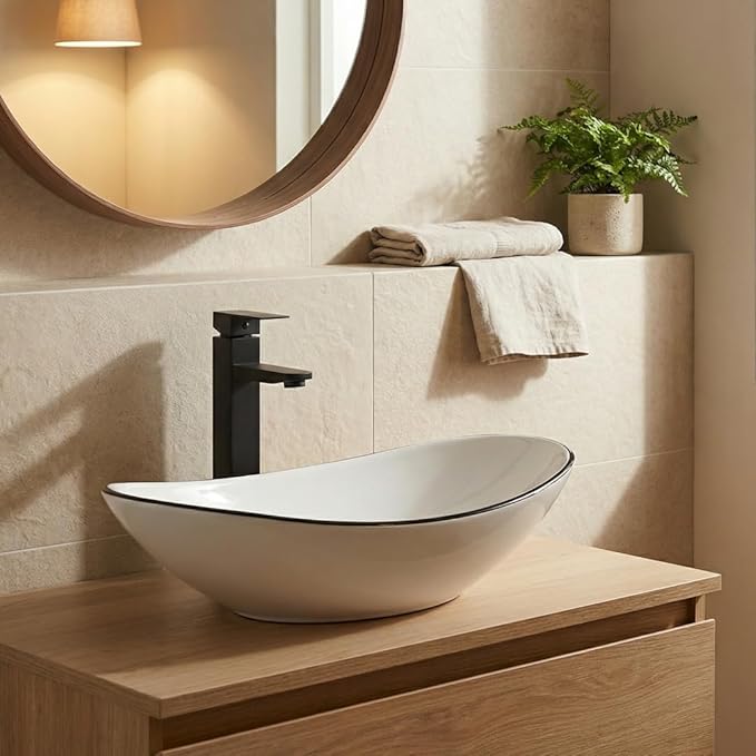 Ceramic Bathroom Sink, White Boat Shape Above Counter Porcelain Vessel Sink with Black Faucet and Pop up drain Set