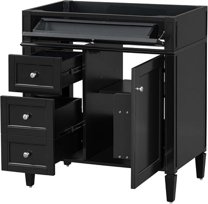 30" Bathroom Vanity Without Top Sink,Modern Freestanding Bath Storage Cabinet with 2 Soft-Close Drawers & Tip-Out Tray,Solid Wood Vanity Only w/Adjustable Shelf & Door Organizer,Black