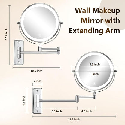 DECLUTTR Wall Mounted Lighted Makeup Mirror, Rechargeable 1X/15X Magnifying Mirror 8 Inch Double Sided, 3 Colors Vanity Mirror with Lights, Touch Dimmable 360° Rotation Foldable