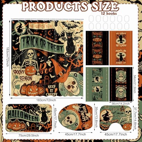 FuWeave 8 Pcs Halloween Shower Curtain Set for Bathroom Include Vintage Ghost Pumpkin Bat Cat Towels Non Slip Skull Rugs Toilet Lid Cover Spider Web Bath Mat and 12 Hooks for Halloween Bathroom Decor
