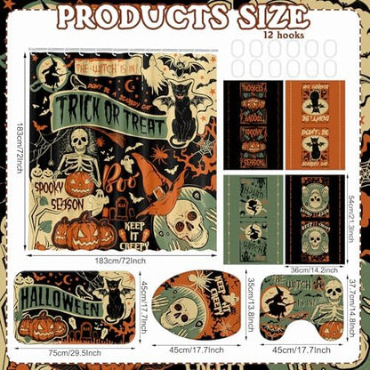 FuWeave 8 Pcs Halloween Shower Curtain Set for Bathroom Include Vintage Ghost Pumpkin Bat Cat Towels Non Slip Skull Rugs Toilet Lid Cover Spider Web Bath Mat and 12 Hooks for Halloween Bathroom Decor