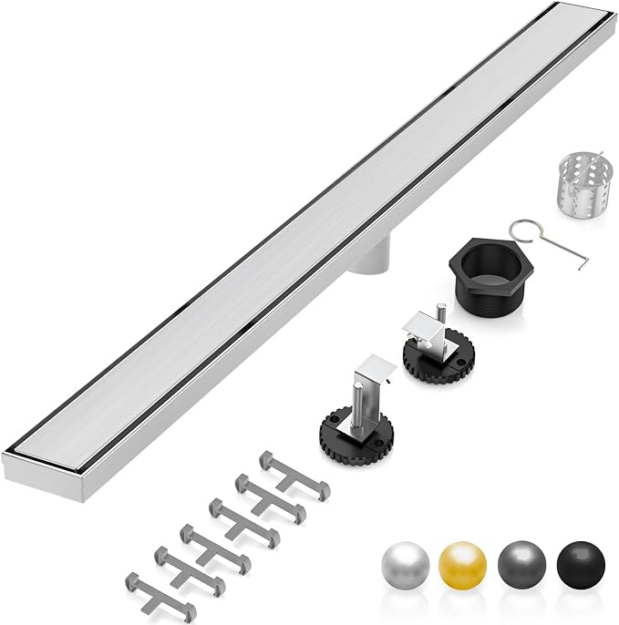 DLONE® Linear Shower Drain - 96 Inch Brushed Nickel, with Tile Insert Panel | AISI 304 Stainless Steel Linear Drain, Rectangle Shower Floor Drain, with Adjustable Feet, Fits Bathroom & Balcony etc