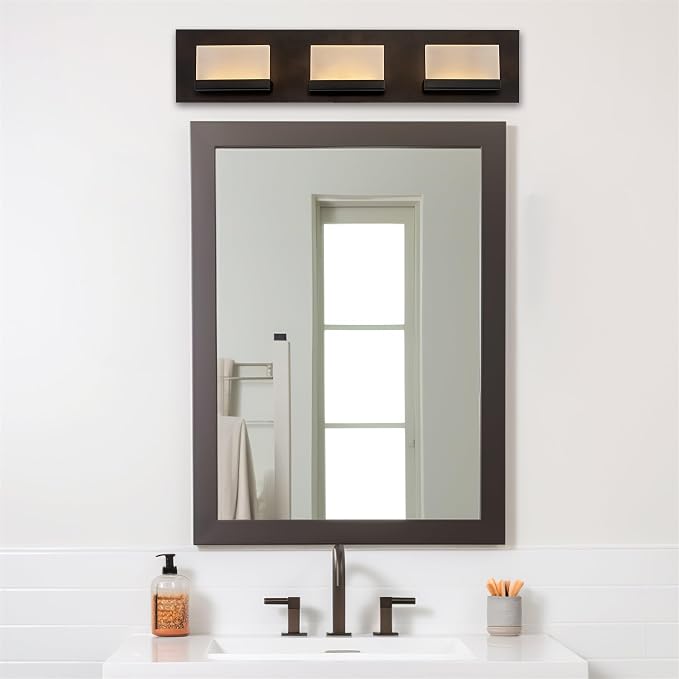 Kira Home Everett 24" Modern Integrated LED 3-Light Bathroom Vanity Light | 30W 3000K Warm White Light, Minimalist Bathroom Wall Sconce with Frosted Acrylic Blocks, Oil Rubbed Bronze Finish