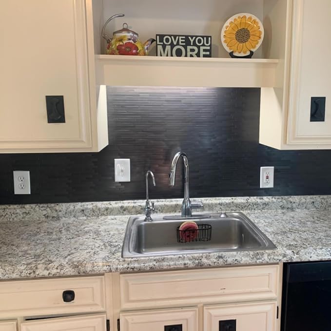 Black Peel and Stick Backsplash Linear Tile for Kitchen, Self Adhesive Brushed Aluminum Fireplace Stick on Wall Tiles (12 Sheets)