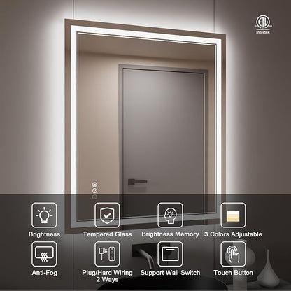 30x36 Inch LED Bathroom Mirror with Lights | Front and Backlit, 3 Colors, Dimmable, Memory, Anti Fog, Shatterproof, Horizontal/Vertical, Lighted Mirrors for Bathroom Wall
