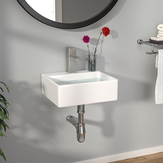Wall Mount Hung Small Vessel Sink - Bathroom Corner Floating Sink Rectangle 13" x 11" Modern Bathroom White Porcelain Ceramic Vessel Vanity Sink with Faucet Hole