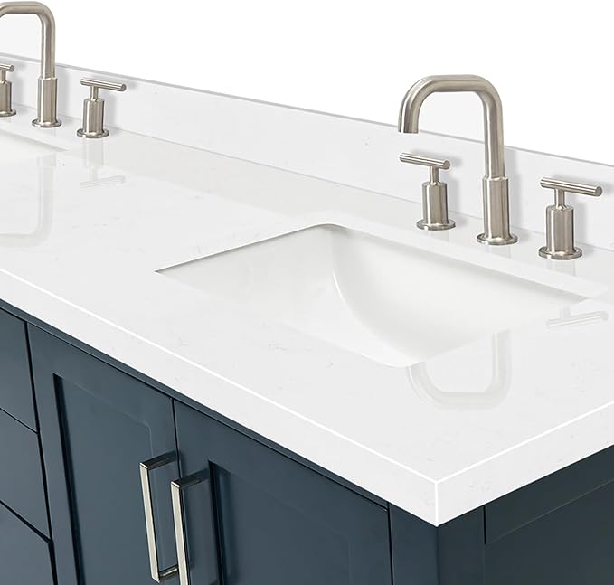 DKB Olivia 72" Midnight Blue Double Bathroom Vanity with Rectangular Undermount Sinks, 1.5" Carrara Quartz Countertop, 4 Soft-Closing Doors, 3 Dovetail Drawers, Open Shelf