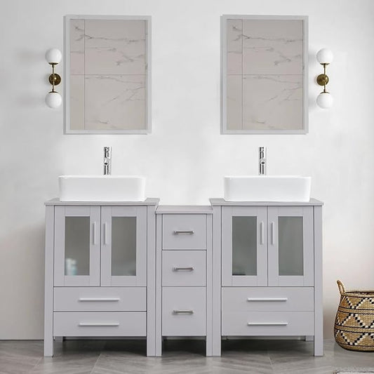 UEV 60" Modern Bathroom Vanity Set in Grey, Double Bathroom Vanities with Sink Combos and Removable Side Cabinet, Bathroom Vanity Set for Bathroom & Toilet,Mirror Not Included (T03)