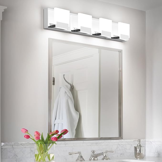 4 Light Bathroom Light fixtures - LED Bathroom Lights Over Mirror - Modern Chrome Vantiy Light 6000K Cool Whtie