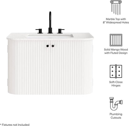Modway Zia 30 Inch Wall-Mount Bathroom Vanity in Ivory with Marble Sink Basin - Floating Bathroom Cabinet with Fluted Design
