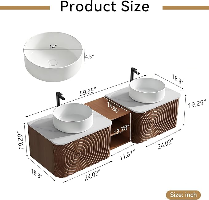 60" Floating Bathroom Vanity with Double Sink, Mid-Century Wall Mounted Bathroom Vanity Cabinet with Wood Waved Decor, Ceramic Vessel Basin, Sintered Stone Top, Soft Close Drawer, Side Open Cube