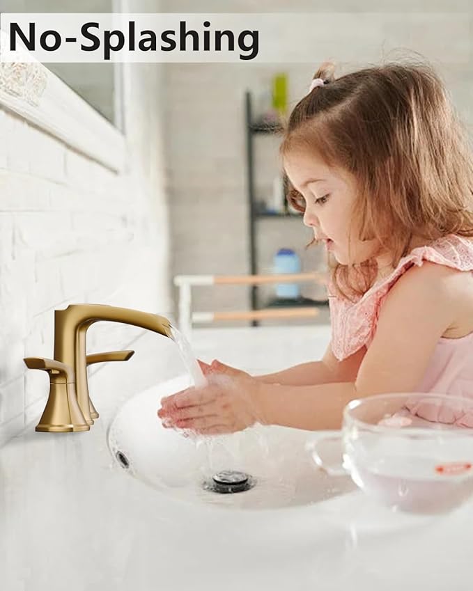 Fapully Brushed Gold Bathroom Faucet 3 Hole, Waterfall 8 Inch Widespread Bathroom Sink Faucet with Pop-up Drain, Two-Handle Faucet for Bathroom Sink