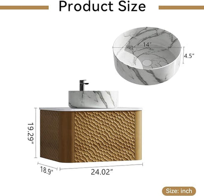 24 Inch Modern Bathroom Vanity with Ceramic Sink, Floating Bathroom Vanity Cabinet with Sintered Stone Top&Solid Wood Hammered Frame, Single Sink Bathroom Vanities w/Soft-Close Drawers,Natural