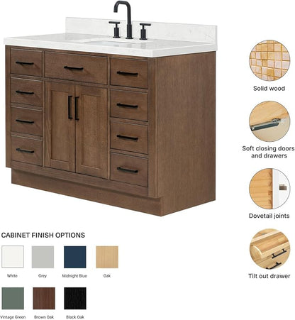 Isabella 48-Inch Brown Oak Single Bathroom Vanity with Sink, 1.5-Inch Edge Carrara White Quartz Countertop & 4" Backsplash, Soft-Closing Doors & Drawers, Solid Oak Wood Construction