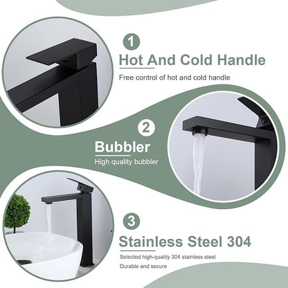 Matte Black Bathroom Faucet Single Handle 1 Hole Tall Bathroom Vessel Sink Faucet, 304 Stainless Steel Modern Vanity Faucet Basin Mixer Tap with Water Supply Hose and Pop Up Sink Drain