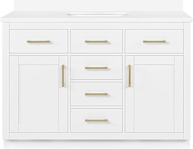 OVE Decors Bailey 48 in. Single Sink Freestanding White Bathroom Vanity with White Quartz Top, Matching Backsplash, Power Bar and Brushed Gold Hardware