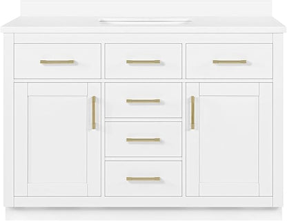OVE Decors Bailey 48 in. Single Sink Freestanding White Bathroom Vanity with White Quartz Top, Matching Backsplash, Power Bar and Brushed Gold Hardware