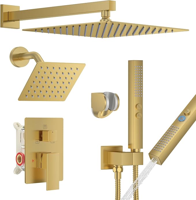 Rain Shower System 12" & 6" Dual Shower Heads, Wall Mount Shower Faucet Set | Ideal for bathroom remodels and upgrades with 12" rain shower, 6" angled shower, handheld spray and complete valve kit.